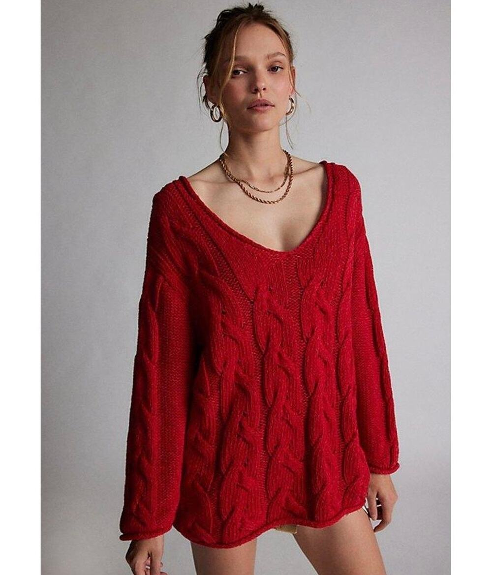 BDG Urban Outfitters Oversized SMALL Red Preppy Cable Knit V-Neck Sweater NWT